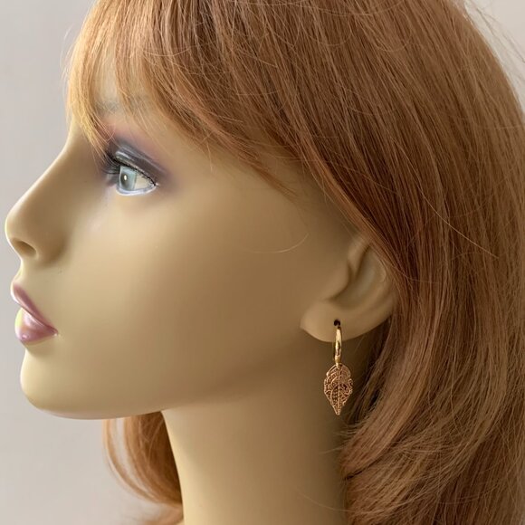 Gold Leaf Hoop Earrings 14K Gold Filled Hoops Handmade in USA - Picture 2 of 4